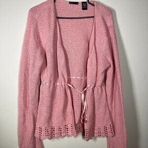 Moda International Women's LS Wool Blend Pink Ribbon Waist Crochet Cardigan L
